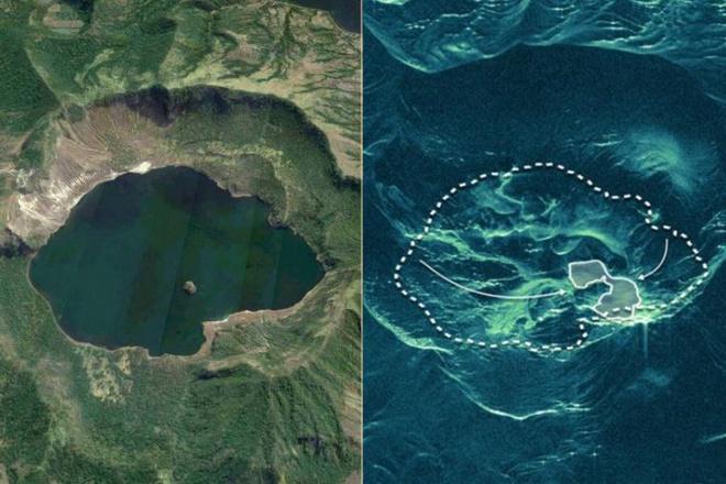 Đường đứt đoạn là hồ nước trước khi núi lửa phun trào. Đường liền là ranh giới hồ nước sau khi phun trào. Ảnh: ICEYE.