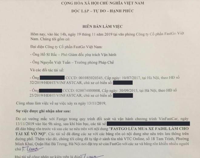 Ảnh chụp Biên bản làm việc giữa FastGo và các đối tác tài xế có liên quan, tên và BKS xe được bôi đen để bảo vệ danh tính tài xế theo thoả thuận giữa hai bên.