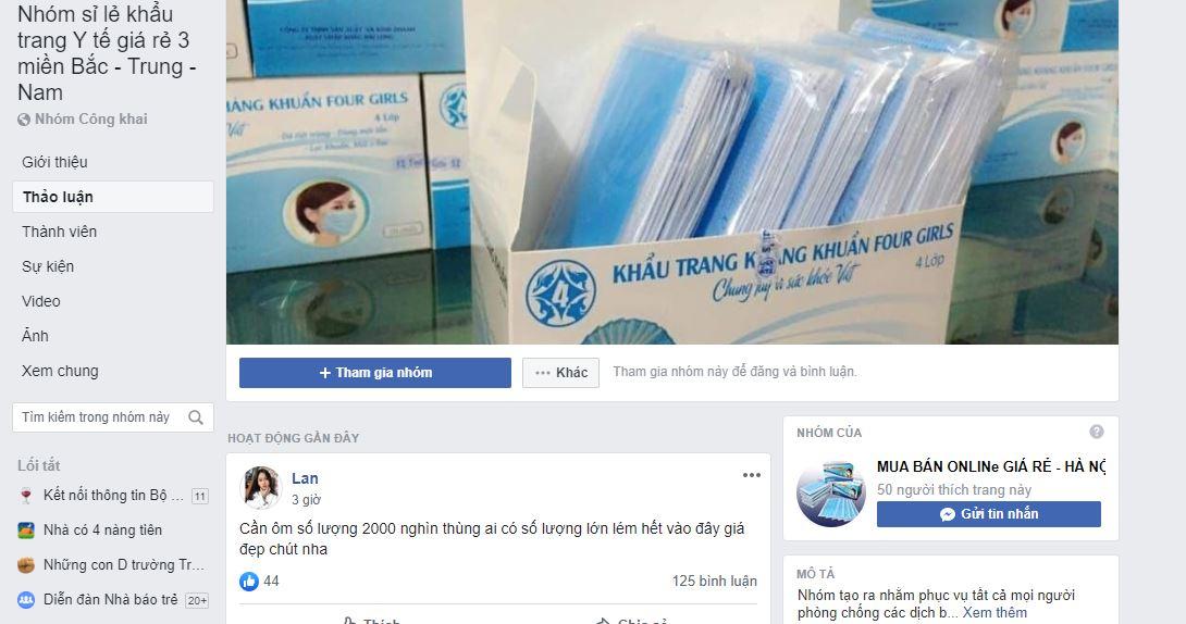 Số khẩu trang trên được mua gom trôi nổi trên mạng xã hội Facebook các qua nhóm: Nhóm sỉ khẩu trang Y tế rẻ 3 miền Bắc - Trung - Nam, Nhóm chuyên sỉ lẻ khẩu trang...