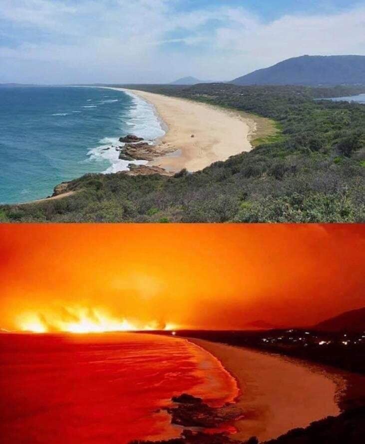 Những đám cháy đã biến khu vực miền Đông Nam Australia thành một vùng đất chết và tình hình có thể sẽ càng tồi tệ hơn trong những tháng mùa Hè tới. Trong ảnh là một bãi biển ở miền Nam trước và trong khi bị cháy rừng lan đến.