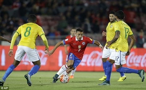 Sanchez (giữa) ghi bàn ấn định chiến thắng 2-0 cho Chile