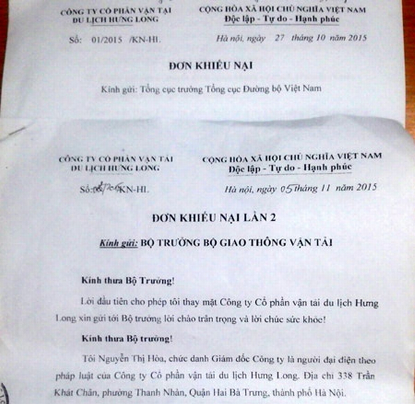 Văn bản khiếu nại của công ty Hưng Long gửi Bộ trưởng Đinh La Thăng, trước đó cũng gửi Tổng cục trưởng Tổng cục Đường bộ Việt Nam