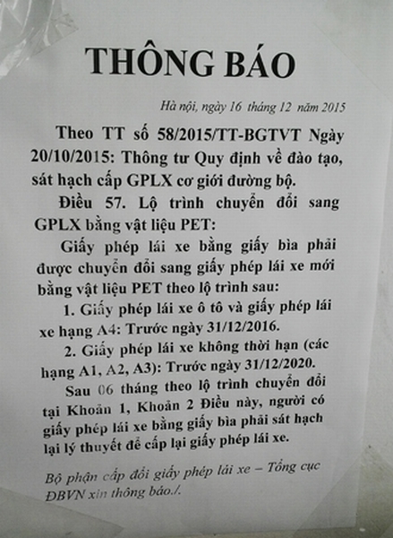 Thông báo về lộ trình đổi giấy phép lái xe PET tại Tổng cục Đường bộ. 