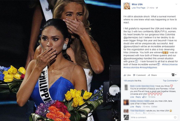 Hoa hậu Mỹ chia sẻ trên trang cá nhân