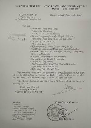Văn bản giới thiệu chữ ký của Phó Thủ tướng Trương Hòa Bình