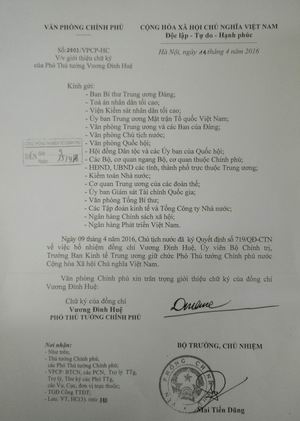 Văn bản giới thiệu chữ ký của Phó Thủ tướng Trương Hòa Bình