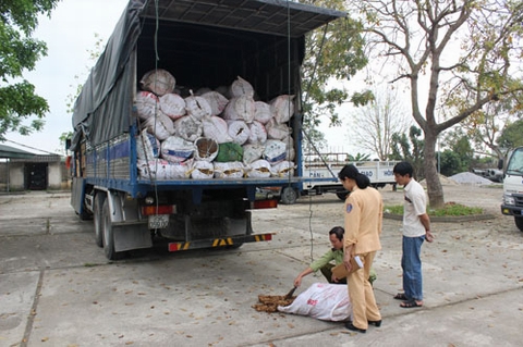 Hơn 120 bao tải chứa thực phẩm bẩn bị phát hiện, bắt giữ. Ảnh: Công an Thanh Hóa