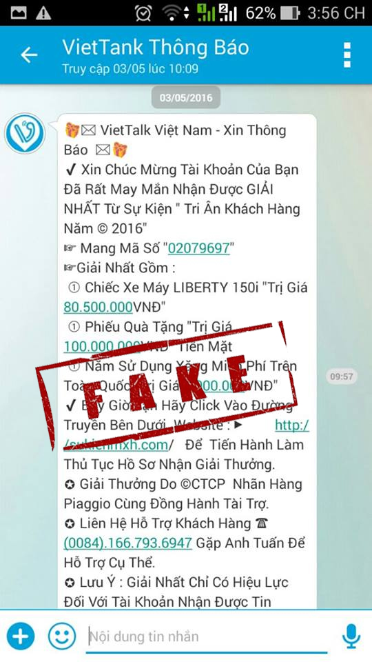  Tin nhắn lừa đảo được gửi từ tài khoản với tên gọi VietTank, chỉ khác một chữ so với VietTalk