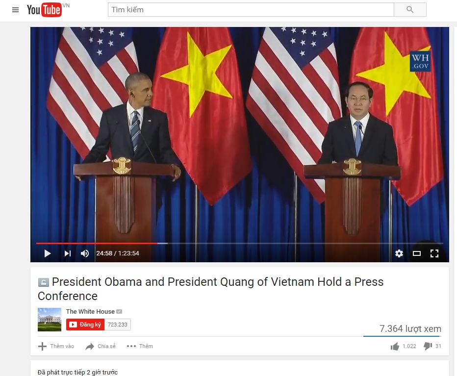 Kênh &quot;The White House&quot; tường thuật họp báo giữa Chủ tịch nước Trần Đại Quang và Tổng thống Obama