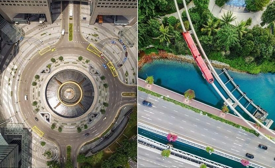 Một vòng xoay ở Singapore với lối kiến trúc như tới từ tương lai. Trái ngược với đó là bức ảnh tàu điện 1 ray như mô hình đồ chơi của trẻ em đầy màu sắc