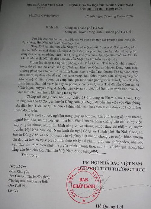 Công văn gửi cơ quan công an của Hội nhà báo Việt Nam