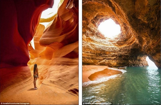 Hang động ở Arizona (trái) và hang Benagil ở Bồ Đào Nha