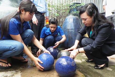 Bộ trưởng Nguyễn Thị Kim Tiến trực tiếp úp các chum vại chứa nước trong một chiến dịch vận động người dân diệt muỗi diễn ra tại Bình Dương.