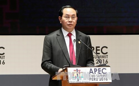 Chủ tịch nước Trần Đại Quang phát biểu tại Hội nghị Thượng đỉnh doanh nghiệp APEC 2016 (Ảnh: TTXVN).