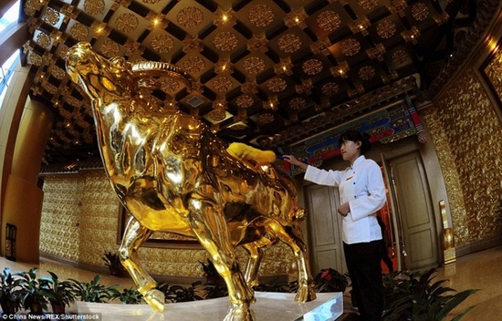Tầng 60 của Longxi có tượng một con trâu làm bằng vàng nặng đến một tấn. Ảnh: China News.