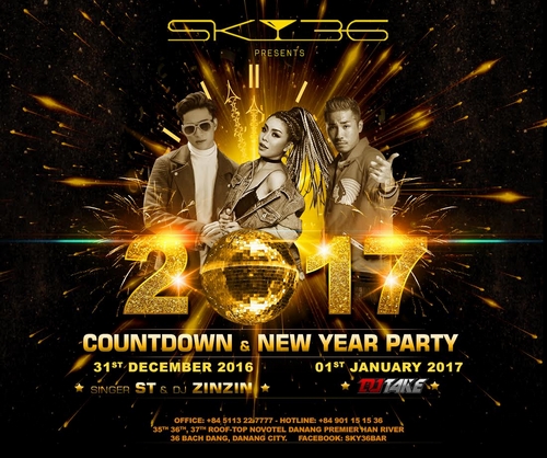 Các tín đồ tiệc tùng sẽ khó có thể cưỡng lại sức hút của đêm tiệc Countdown party ngày 31/12/2016 với sự xuất hiện của chàng ca sĩ điển trai ST của nhóm nhạc 365 và nữ DJ Zin Zin đình đám nhất Sài Thành. Sự xuất hiện của hai cái tên trẻ trung và sôi động này hứa hẹn sẽ đem đến cho các thượng khách của SKY36 một đêm cuối năm khó quên.  Đêm tiệc New Year Party 01/01/2017 sẽ là lời chào năm mới đặc biệt hoành tráng mà SKY36 dành tặng các khán giả, qua những bản remix mới lạ của DJ tài năng Take. Champagne sẽ ngập tràn, và những điệu nhảy cuồng nhiệt sẽ khiến không gian đêm tiệc không thể ấn tượng hơn nữa, hứa hẹn một năm mới nhiều điều bất ngờ sẽ đến với không chỉ SKY36 mà cả những thượng khách của bar.
