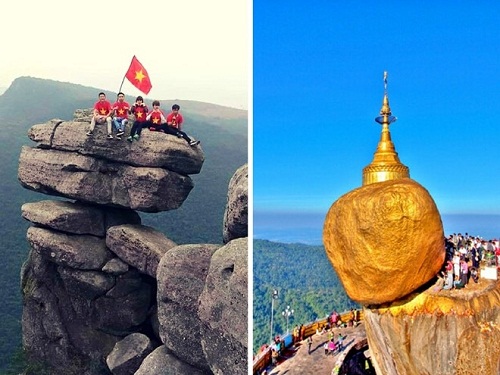 Phiến đá cheo leo trên núi đá chồng được liên tưởng với chùa Kyaiktiyo Myanmar.