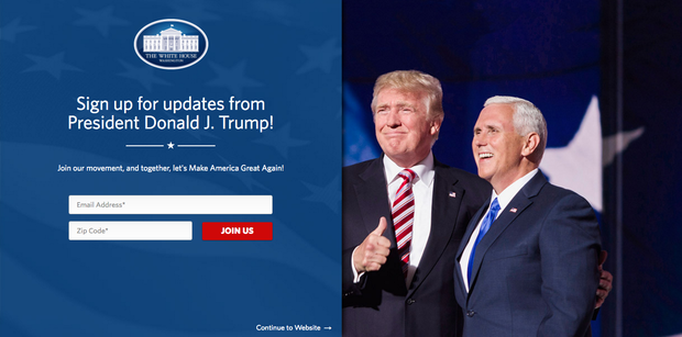 Gia diện trang đăng ký cập nhật thông tin của Tổng thống Trump.