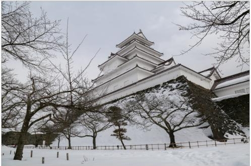 Ngay cả ngôi thành hạc trắng Tsuruga-jo kiêu sa với bốn bức tường trắng muốt bao phủ, ẩn dưới làn tuyết trắng lại càng thêm phần hòa quyện với không gian xung quanh. Khuôn viên trong thành tương đối rộng, du khách có thể dạo bộ tham quan hoặc leo lên các tầng đài, ngắm nhìn toàn cảnh thiên nhiên hùng vĩ xung quanh. 