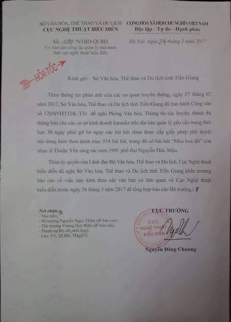 Cục Nghệ thuật Biểu diễn phát đi công văn hoả tốc gửi Sở VHTTDL tỉnh Tiền Giang yêu cầu khẩn trương báo cáo về vụ việc trước ngày 26/3 để báo cáo Bộ trưởng Bộ VH-TT&DL. 