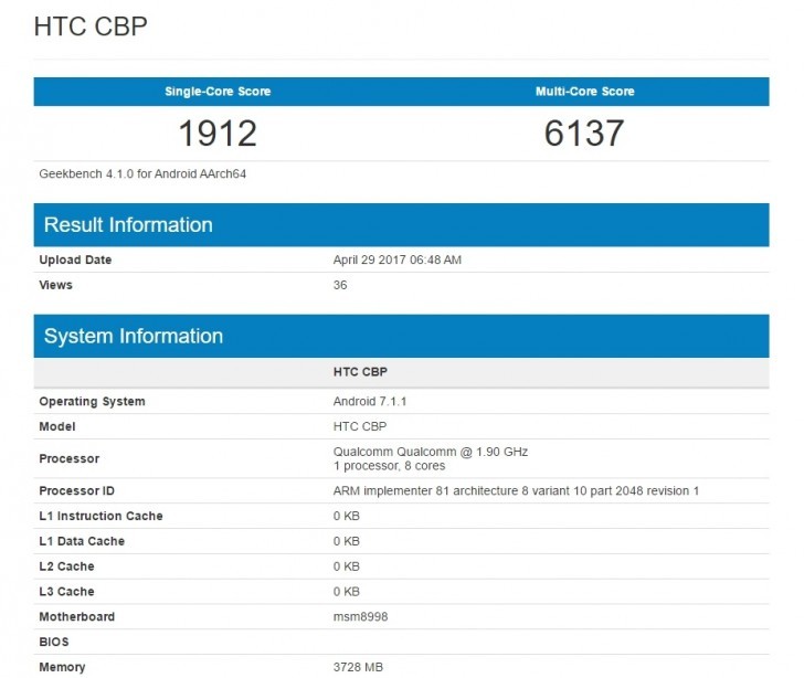 HTC U 11 xuất hiện trên Benchmark với 4GB RAM và vi xử lý Snapdragon 835