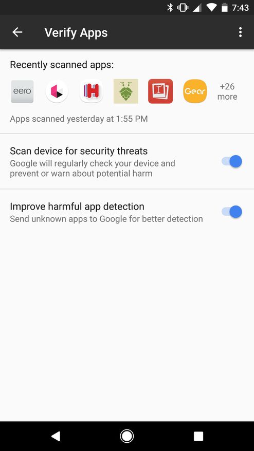 Quét tìm kiếm các ứng dụng an toàn: Để trấn an người dùng, Google đang làm mọi cách để các biện pháp bảo mật của họ trở nên nổi bật và hiệu quả hơn trong Android O. Trình đơn này được tìm thấy tại phần bảo mật (Security) của ứng dụng Cài đặt, nơi bạn có thể xem tần suất quét các ứng dụng và thời gian quét lần cuối. Có lẽ phần này cũng sẽ giúp bạn lựa chọn cách giải quyết một ứng dụng mà Android O cho là không an toàn.