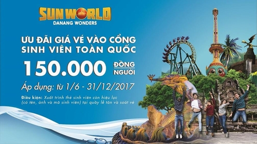 Theo đó, giá vé vào cổng Sun World Danang Wonders (Asia Park) giảm còn 150.000 đồng (thay vì 300.000 đồng). Để nhận ưu đãi này, các bạn trẻ chỉ cần xuất trình thẻ sinh viên khi mua vé ngay tại cổng vào công viên.
