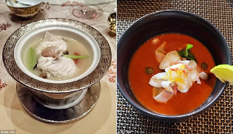 Bên trái là món súp ở nhà hàng Imperial Palace và bên phải là món mực ống ở Flavors.