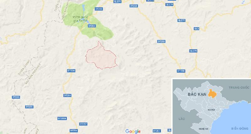 Vị trí hang Thắm Phầy ở xã Hoàng Trĩ (dấu đỏ), huyện Ba Bể, tỉnh Bắc Kạn. Ảnh: Google Maps.