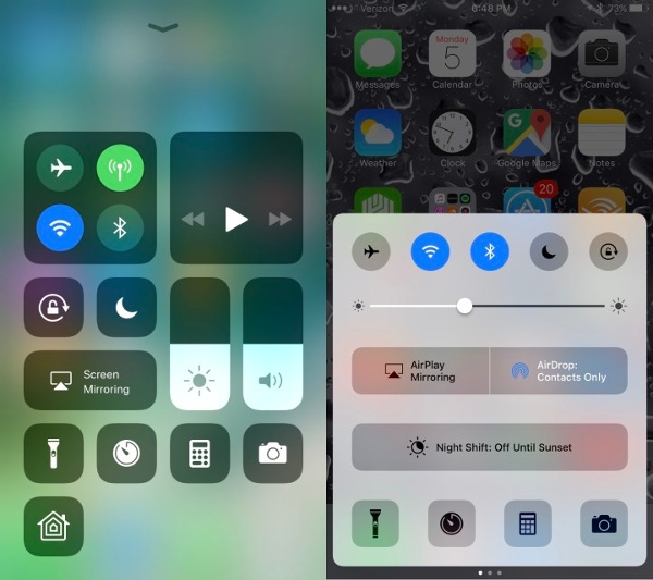 Trung tâm điều khiển (Control center) trên iOS 11 được thiết kế mới hoàn toàn, người dùng có khả năng tùy chỉnh các phím điều khiển, shortcut, hỗ trợ cả 3D Touch để truy cập thêm các tùy chọn khác đối với mỗi tiện ích ở đây. 