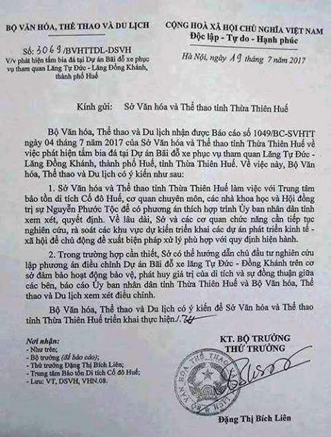 Văn bản Bộ VHTT&DL gửi Sở VHTT&DL tỉnh Thừa Thiên - Huế.
