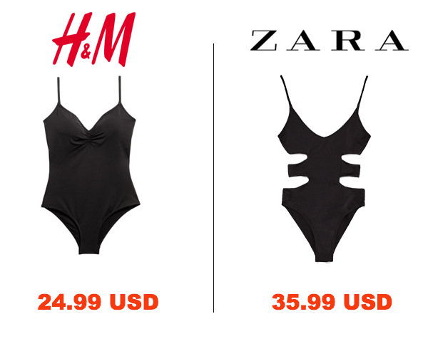 H&M tiếp tục sở hữu mức giá rẻ hơn so với Zara khi cùng ra mắt một mẫu monokini sắc đen. 
