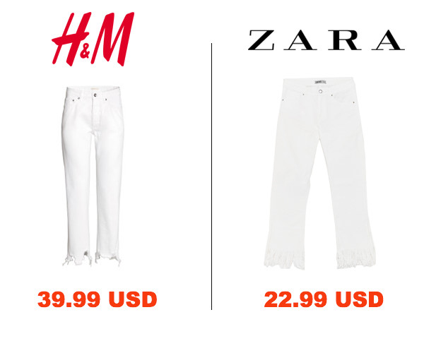 Đôi lúc các sản phẩm của H&M cũng có giá tiền cao hơn Zara, điển hình là mẫu quần trắng rách gấu của Zara chỉ có 22.99 USD nhưng H&M lại lên đến 39.99 USD. 
