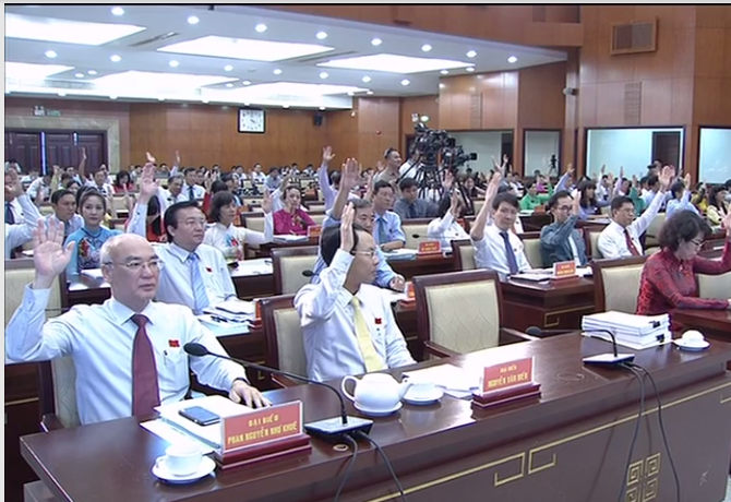 Các đại biểu tiến hành biểu quyết thông qua Nghị quyết của kỳ họp