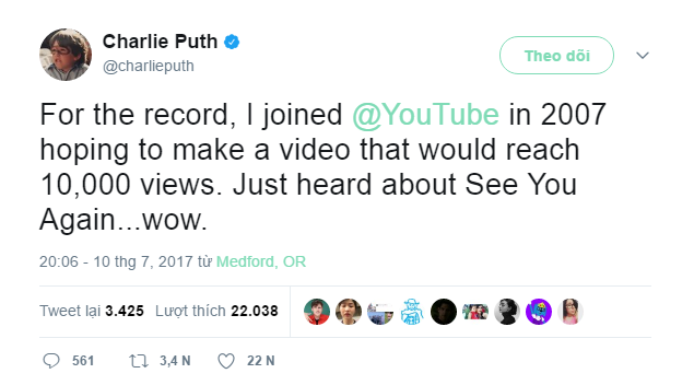 Charlie Puth cập nhật Twitter tới fan hâm mộ