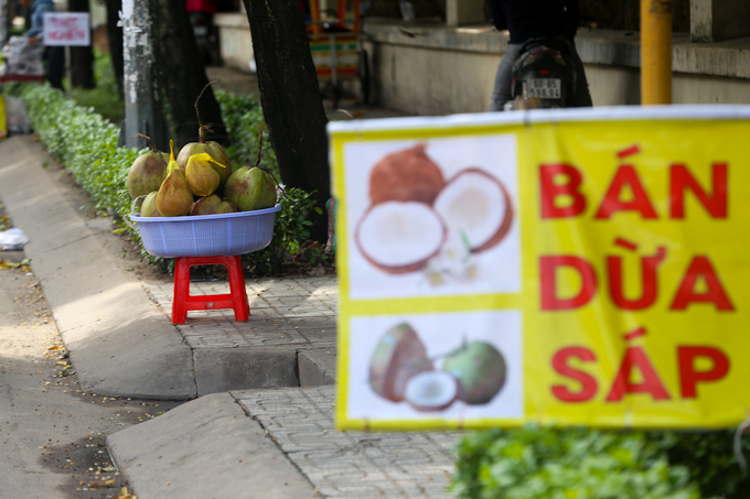 Vỉa hè đường Phan Văn Trị có vài người bày bán trái dừa sáp, đặc sản của Trà Vinh. 