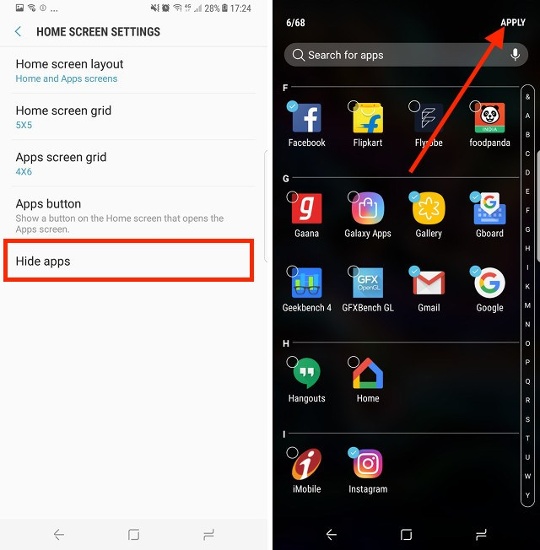 Ẩn ứng dụng: Đôi khi bạn cần phải ẩn các ứng dụng riêng tư trên Galaxy S8 để tránh khỏi các con mắt tò mò. Để thực hiện vuốt lên từ màn hình chính để mở App Drawer, bấm vào nút ba chấm ở góc trên cùng bên phải và chọn Settings.  Trong menu hiển thị chọn Hide Apps, sau đó chọn các ứng dụng cần ẩn đi và bấm Apply để áp dụng. 