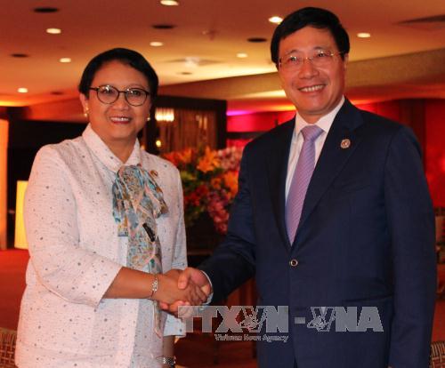 Phó Thủ tướng Phạm Bình Minh và Bộ trưởng Ngoại giao Indonesia Retno Marsudi. Ảnh: TTXVN