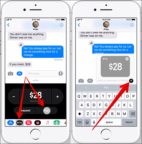 Phương thức thanh toán trực tiếp từ iPhone đến iPhone (Peer-to-peer Apple Pay): Apple đang bổ sung một tính năng rất được mong đợi cho hệ thống thanh toán của mình Apple Pay, cho phép người dùng trả tiền cho nhau trong iMessage. Thanh toán ngang hàng có thể được thực hiện và xác minh thông qua bảo mật sinh trắc học, chẳng hạn như Touch ID hoặc Face ID. Dịch vụ sẽ có trên các thiết bị iOS và Apple Watch khi iOS 11 được phát hành vào tháng tới.