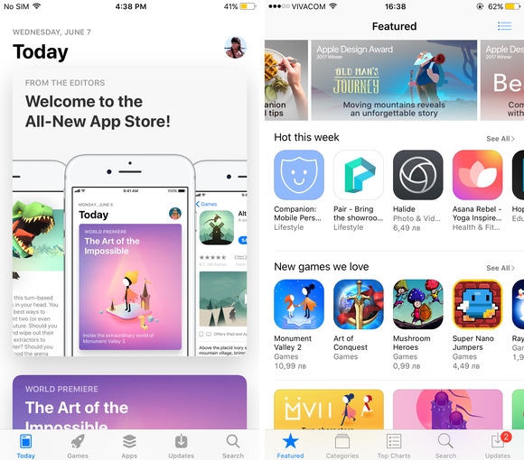 App Store: Lần đầu tiên trong lịch sử 09 năm tồn tại,  Apple đã thiết kế lại cửa hàng App của mình. Cửa hàng tải xuống có diện mạo mới bao gồm các phần cho các ứng dụng và trò chơi nổi bật cùng với bài viết đi kèm.