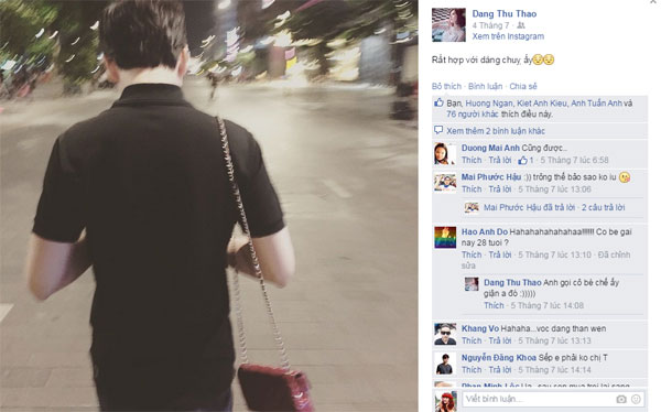 Đến tháng 7/2015, Thu Thảo đăng bức ảnh đằng sau lưng của bạn trai lên mạng xã hội cùng lời tựa hóm hỉnh và dễ thương.