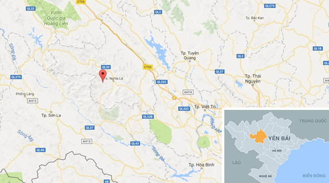 Xã Túc Đán (chấm đỏ) nơi xảy ra vụ việc cách TP Yên Bái gần 100 km. Ảnh: Google Maps.