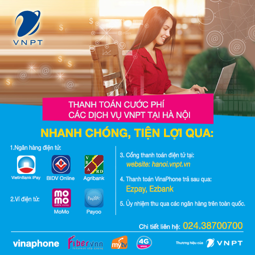 Ngoài hai hình thức truyền thống (đến điểm giao dịch, thu cước tại địa chỉ), khách hàng sử dụng các dịch vụ VT-CNTT của VNPT tại Hà Nội có thể dễ dàng thanh toán theo một trong các kênh hiện đại, tiện ích và hoàn toàn miễn phí sau đây: