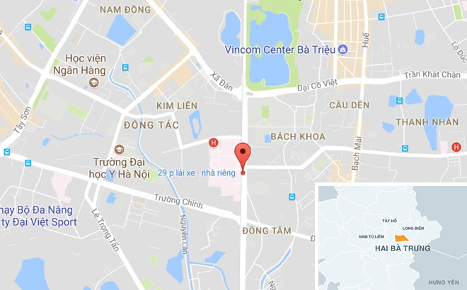 Nơi xảy ra vụ việc (chấm đỏ) trước cổng bệnh viện Bạch Mai. Ảnh: Google Maps.