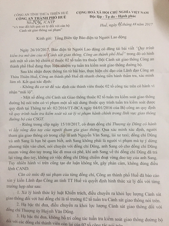 Công văn của Công an TP Huế gửi Báo Người Lao Động