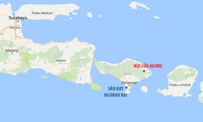 Vị trí của đảo Bali so với 2 hòn đảo liền kề là Lombok và Surabaya. Ảnh: Google Maps.