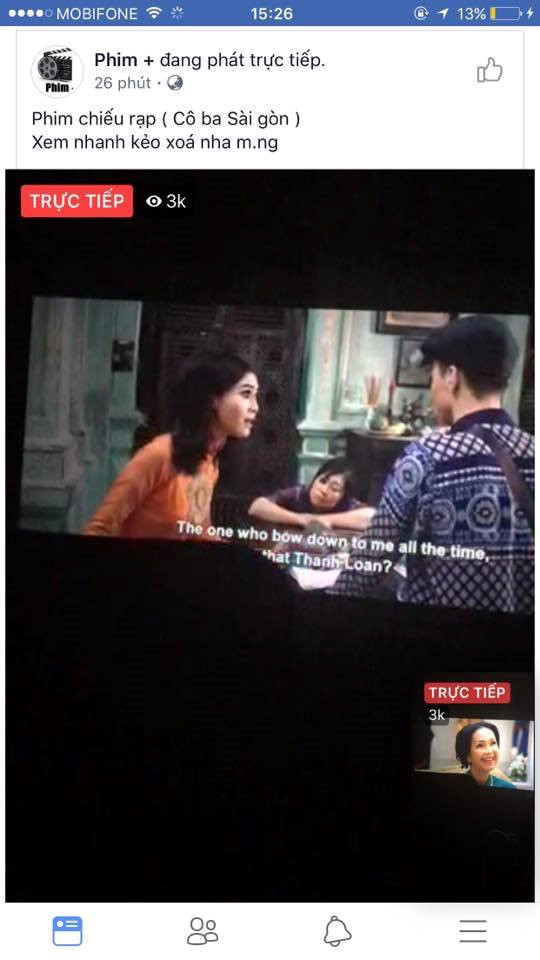 Bộ phim Cô Ba Sài Gòn được livestream trên một trang phim online.