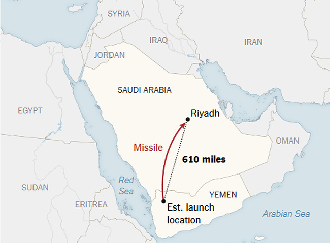 Điểm bắn dự tính từ Yemen và mục tiêu tại Riyadh cách nhau gần 1.000km.