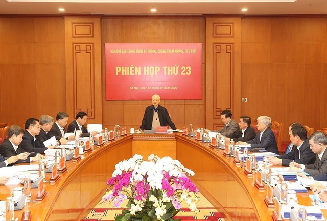 Tổng Bí thư Nguyễn Phú Trọng, Trưởng Ban Chỉ đạo chủ trì phiên họp thứ 23 của Ban Chỉ đạo Trung ương về phòng, chống tham nhũng, tiêu cực - Ảnh: TTXVN