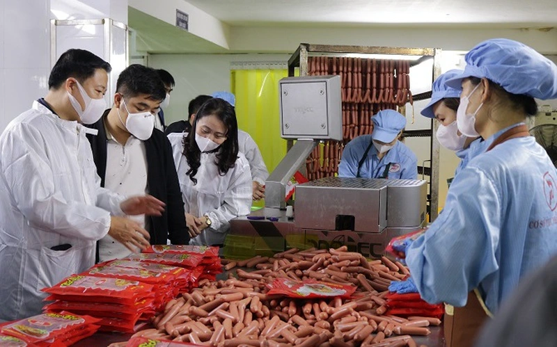 Đoàn kiểm tra liên ngành số 1 của thành phố kiểm tra an toàn thực phẩm trên địa bàn huyện Thanh Oai.